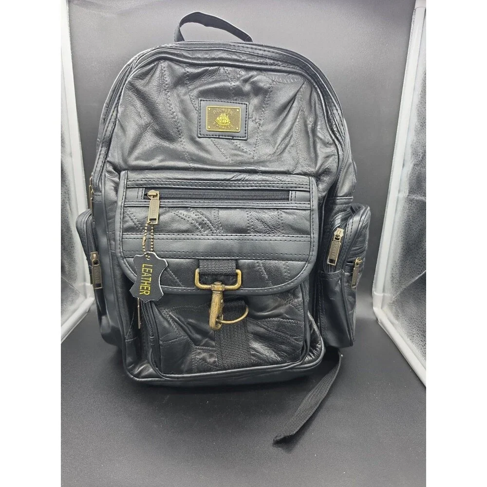 Vtg Pioneer Express Black Patchwork Genuine Leather Backpack Multi Pocket Goth